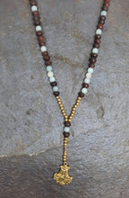 Load image into Gallery viewer, Wooden Beads, Amazonite, Moonstone, Brass Beads &amp; Victory Symbol Dhvaja Brass Mala

