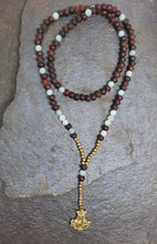 Load image into Gallery viewer, Wooden Beads, Amazonite, Moonstone, Brass Beads &amp; Victory Symbol Dhvaja Brass Mala
