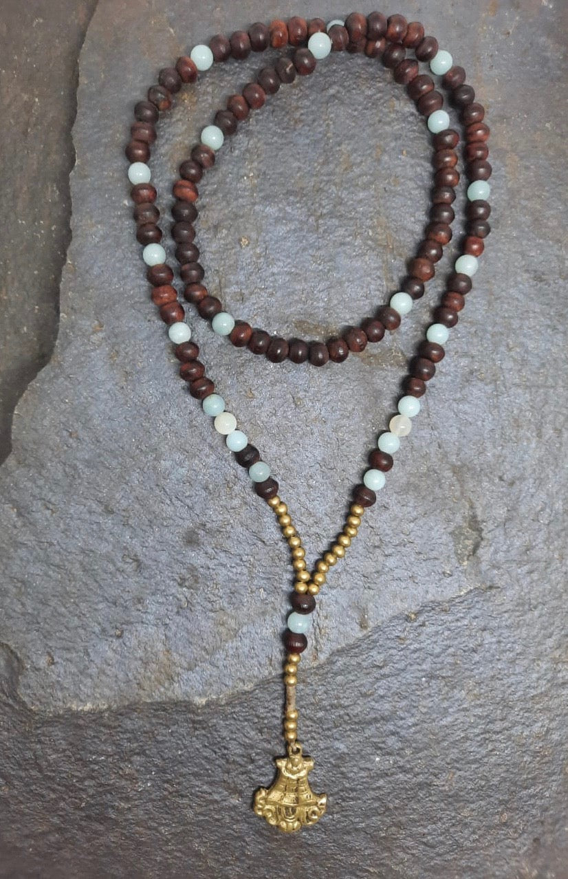 Wooden Beads, Amazonite, Moonstone, Brass Beads & Victory Symbol Dhvaja Brass Mala