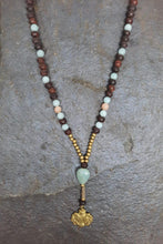 Load image into Gallery viewer, Wooden Beads, Amazonite, Moonstone, Brass Beads &amp; Victory Symbol Dhvaja Brass Mala
