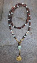 Load image into Gallery viewer, Wooden Beads, Amazonite, Moonstone, Brass Beads &amp; Victory Symbol Dhvaja Brass Mala
