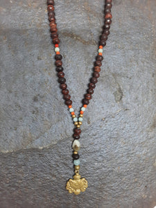 Wooden Beads, Amazonite, Coral & Brass Mala