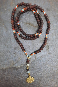 Wooden Beads, Amazonite, Coral & Brass Mala