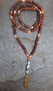 Wooden Beads, Amazonite, Coral & Brass Mala