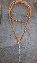 Load image into Gallery viewer, Rudaska, Coral, Amazonite, Tibetan Turquoise &amp; Silver Bell Mala
