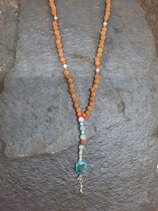 Rudaska, Coral, Amazonite, Tibetan Turquoise & Silver Bell Mala