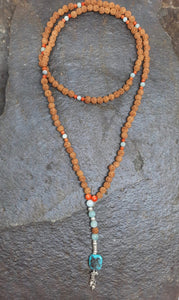 Rudaska, Coral, Amazonite, Tibetan Turquoise & Silver Bell Mala