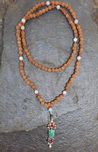 Load image into Gallery viewer, Rudaska, Coral, Amazonite, Turquoise &amp; Silver Macrame Bell Mala
