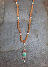 Load image into Gallery viewer, Rudaska, Coral, Amazonite, Turquoise &amp; Silver Macrame Bell Mala
