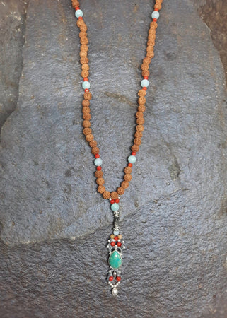 Rudaska, Coral, Amazonite, Turquoise & Silver Macrame Bell Mala