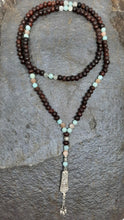 Load image into Gallery viewer, Wooden Beads, Amazonite, Moonstone &amp; Silver Peacock Mala
