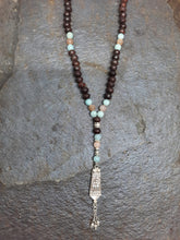 Load image into Gallery viewer, Wooden Beads, Amazonite, Moonstone &amp; Silver Peacock Mala
