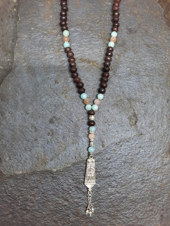 Wooden Beads, Amazonite, Moonstone & Silver Peacock Mala