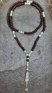 Wooden Beads, Amazonite, Moonstone & Silver Peacock Mala