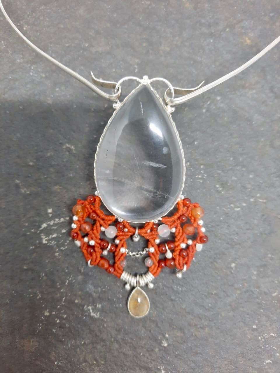 Quartz & Gold Rutilated Quartz, Carnelian & Moonstone Pendant