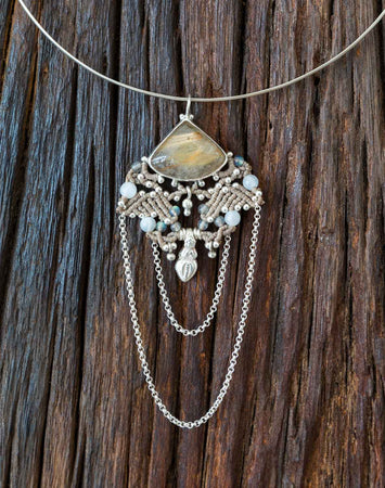 Gold Rutilated Quartz, Labradorite & Rainbow Moonstone Pendant