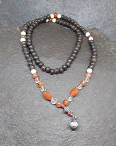 Carnelian Quartz, Wooden Beads & Silver Bell Mala