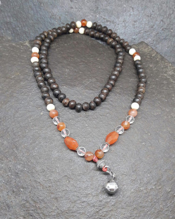 Carnelian Quartz, Wooden Beads & Silver Bell Mala