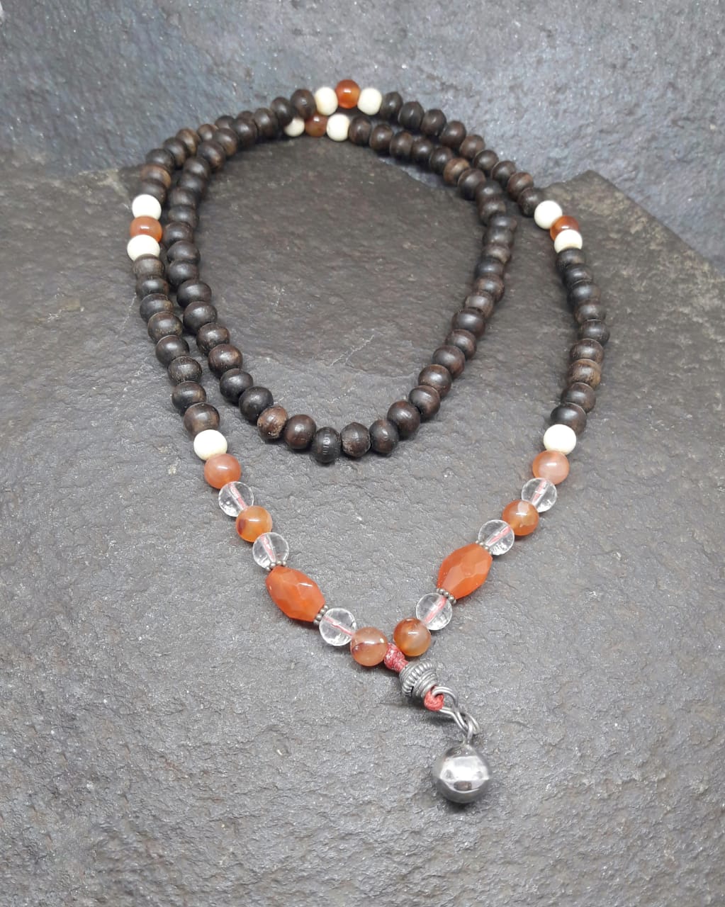 Carnelian Quartz, Wooden Beads & Silver Bell Mala