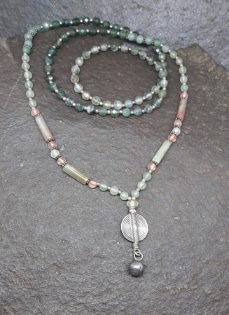 Tourmaline, Moss Agate & Cherry Quartz Mala