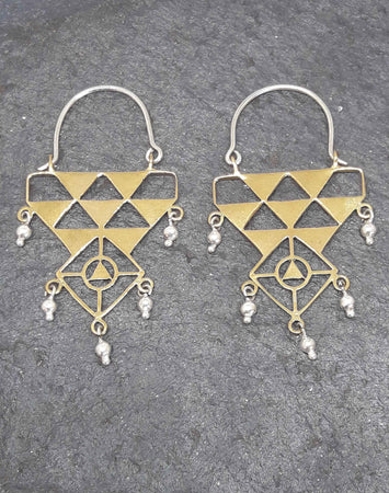 Triangle Brass and Silver Bell Earrings